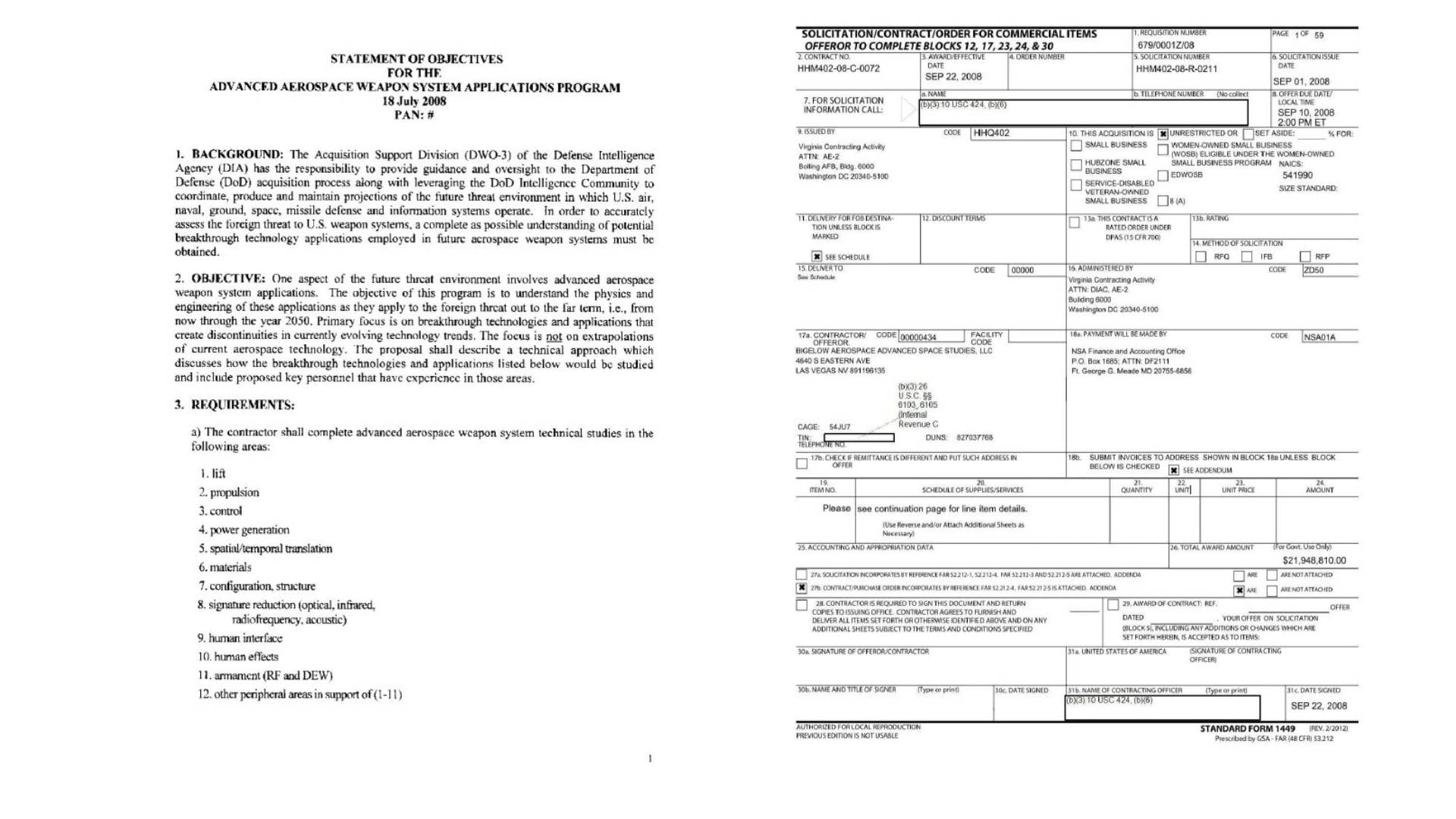 Un documento de la Agencia de Inteligencia de la Defensa de Estados Unidos detalla los objetivos y la adjudicación del Programa de Aplicaciones de Sistemas de Armas Aeroespaciales Avanzadas. (Departamento de Guerra)