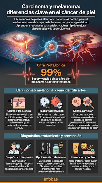 Infografía con ilustraciones médicas que comparan piel sana con carcinoma y melanoma, junto a íconos de diagnóstico, tratamiento y prevención de cáncer de piel.