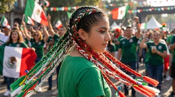 Joven con trenzas verde, blanco y rojo decoradas con anillos metálicos y maquillaje tricolor. Viste camiseta verde. Fondo desenfocado de personas con banderas mexicanas.