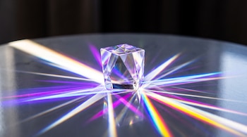 Cristal facetado translúcido sobre superficie pulida que dispersa haces de luz violeta, azul, blanco, magenta y amarillo. Fondo oscuro.