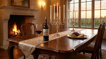 Mesa de madera con un corredor satinado, copa y botella de vino, candelabros encendidos, uvas y queso, frente a una chimenea y una ventana a un viñedo.