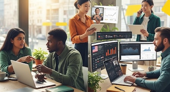 Cinco personas, tres mujeres y dos hombres, interactúan con laptops, tablets y múltiples monitores con gráficos, datos financieros y banderas en una oficina.