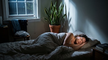 Imagen de una mujer durmiendo de lado en la cama, cubierta por una manta gris, con luz ambiental nocturna. Una planta Sansevieria en maceta y una ventana se ven al fondo.