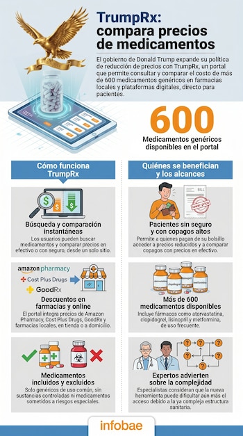 Infografía de TrumpRx con un águila dorada y una tableta mostrando comparación de precios de medicamentos. Incluye secciones sobre su funcionamiento, beneficios y expertos.
