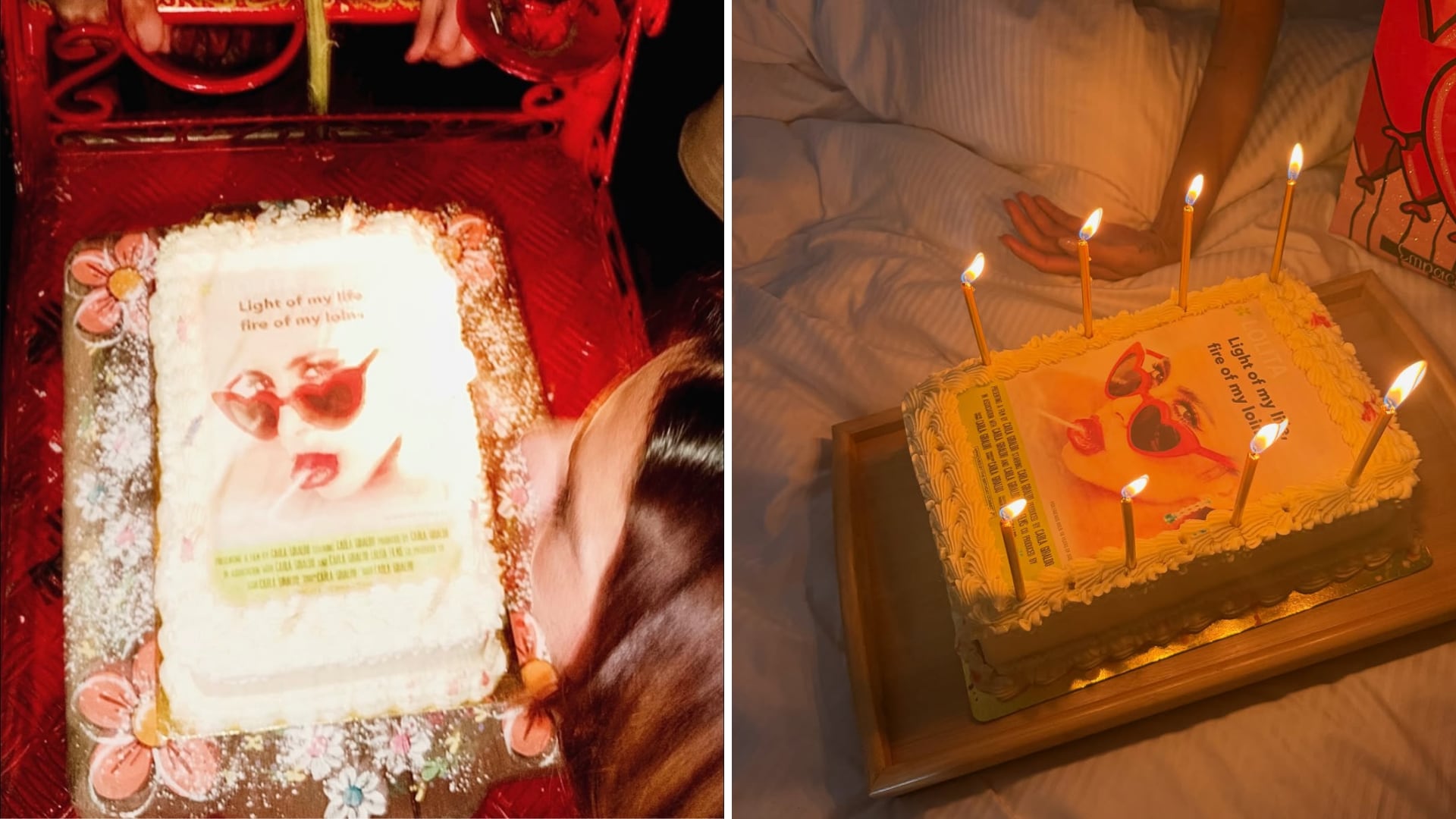 El pastel tomó como referencia la icónica imagen promocional de la película ‘Lolita’ de 1962, dirigida por Stanley Kubrick - crédito @carlagiraldo/Instagram