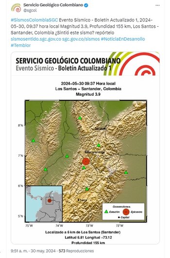 El movimiento telúrico se presentó en Los Santos, Santander - crédito @sgcol/X