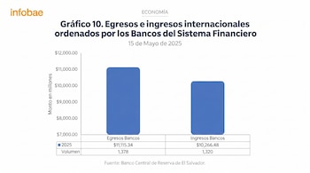 Gráfico de barras que compara egresos e ingresos internacionales de bancos. Muestra Infobae, título, fecha 15 mayo 2025 y fuente Banco Central de El Salvador.