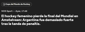 Texto en blanco sobre fondo negro con el encabezado Copa del Mundo de Hockey y un titular de NOS Sport sobre la final del Mundial