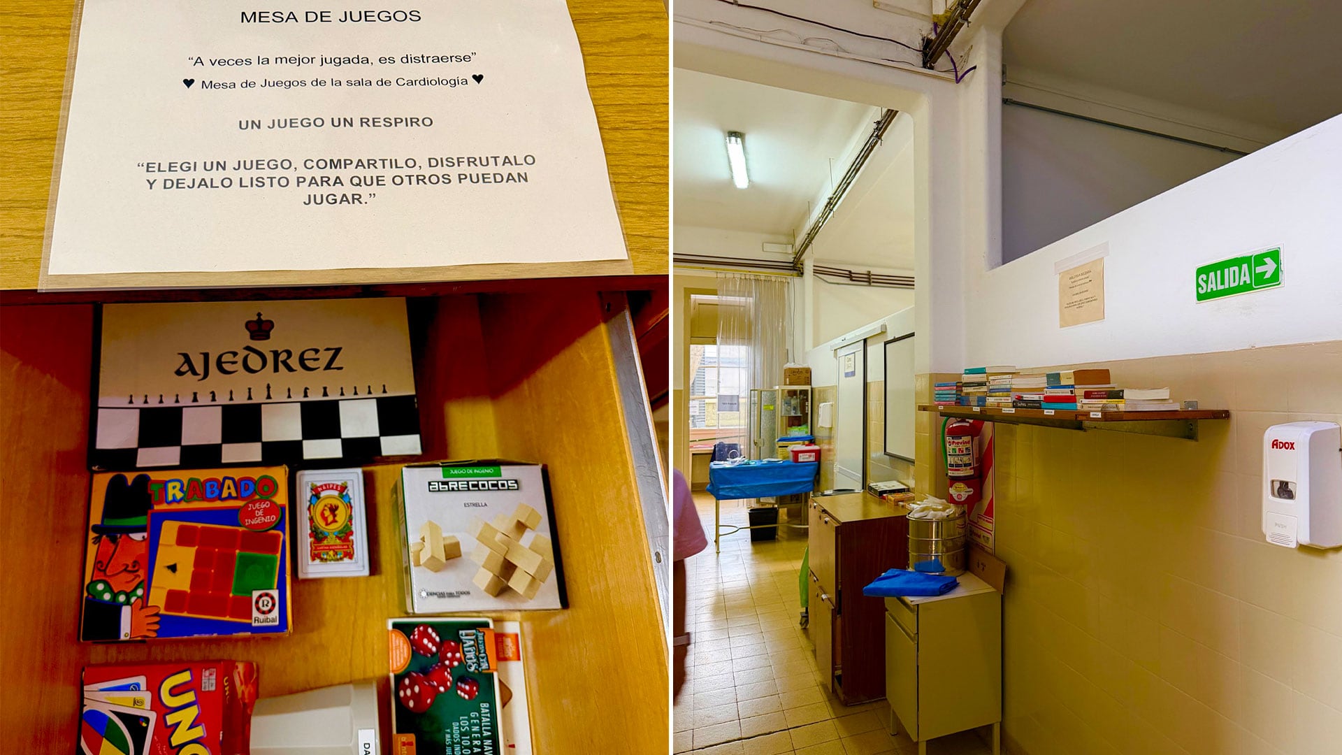 Los juegos de mesa y el primer estante de la biblioteca de las ala de Cardiología del Hospital Rivadavia