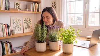 Mujer oliendo una planta en maceta, junto a otras dos plantas, libros en estantes y una ventana, un portátil abierto sobre la mesa de madera.