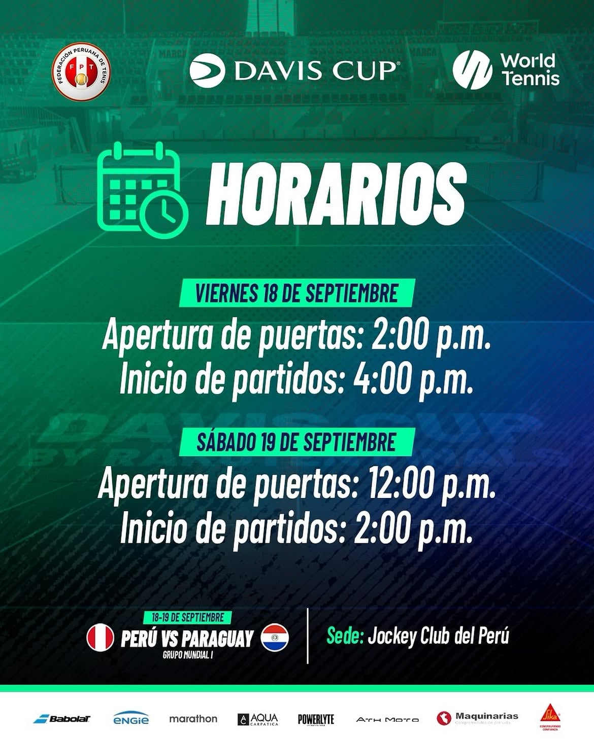 Horarios de la apertura de puertas para la serie entre Perú y Paraguay por Copa Davis. Crédito: Instagram FPT.