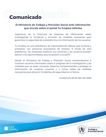 Documento oficial del Ministerio de Trabajo y Previsión Social de Guatemala informando sobre un incidente de seguridad en el portal Tu Empleo