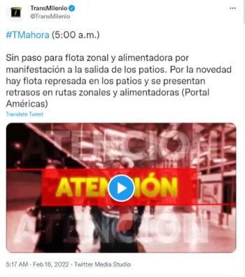 Así lo reportó TransMilenio en
