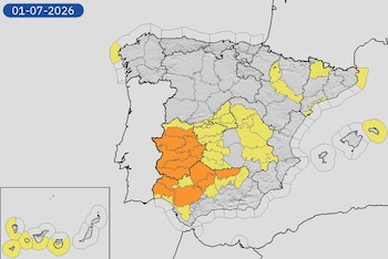 Mapa de alertas meteorológicas para este miércoles, 1 de julio. (Aemet)