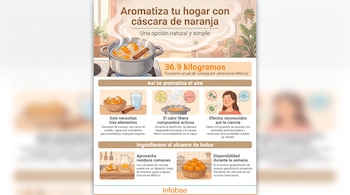 Infografía sobre los compuestos que libera hervir cáscaras de naranja con canela y sus efectos documentados en el estado de ánimo y la calidad del aire interior.