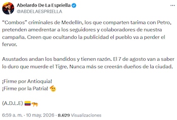 Abelardo de la Espriella denunció intimidación de “combos” criminales contra su campaña en Medellín - crédito @ABDELAESPRIELLA/X