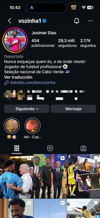 Captura de pantalla de un perfil de Instagram de Josimar Dias (Vozinha). Incluye foto, biografía en portugués, 29,3 millones de seguidores y cuadrícula de publicaciones
