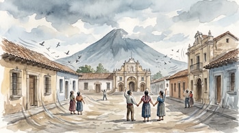 Pintura en acuarela de una plaza en Guatemala con personas, edificios coloniales, un volcán al fondo y aves volando; se aprecian ondas en el suelo y edificios.
