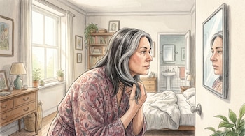 Ilustración de una mujer en bata que mira su cabello frente a un espejo, dentro de una habitación con cama, ventana y baño al fondo.