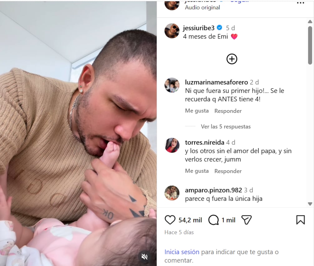 El cantante publicó una primera imagen del rostro de Emilia - crédito @jesisuribe3/IG