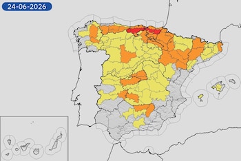 Mapa de alertas meteorológicas por lluvias, tormentas y altas temperaturas para este miércoles, 24 de junio de 2026. (Aemet)