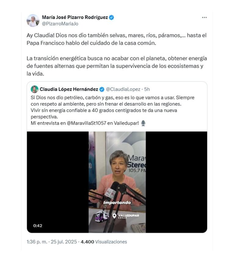 Con este mensaje, la senadora y precandidata presidencial María José Pizarro criticó la postura de la exalcaldesa y también aspirante Claudia López, sobre la política extractivista - crédito @PizarroMariaJo/X