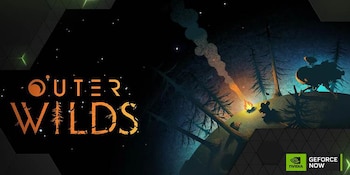 Logotipo de Outer Wilds junto a un dibujo de un personaje sentado ante una fogata en un planeta con árboles y una nave espacial