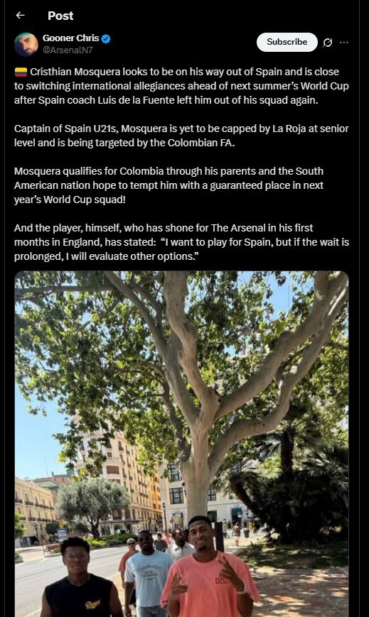 El periodista especializado en la cobertura del Arsenal, habló del interés de Cristhian Mosquera en representar a la