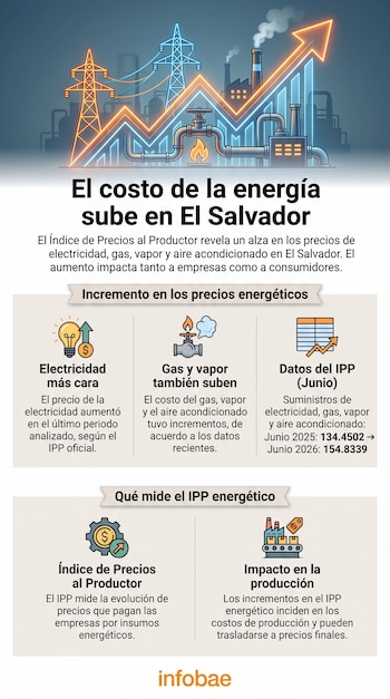 Infografía con torres de energía, fábricas, tuberías y un gráfico ascendente. Contiene texto sobre el aumento del costo de la energía en El Salvador y datos.