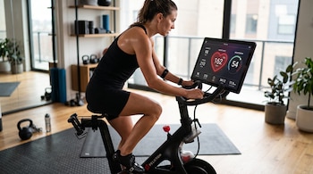 Una mujer se ejercita en una bicicleta estática provista de una pantalla digital con indicadores de frecuencia cardíaca y cadencia.