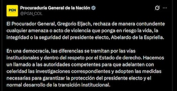 El procurador general Gregorio Eljach rechazó las amenazas contra Abelardo de la Espriella y pidió investigaciones con celeridad - crédito @PGN_COL / X