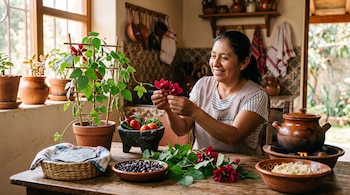Una mujer sentada frente a una mesa con una planta en maceta, flores rojas, recipientes de barro con granos y masa, un molcajete y tortillas.