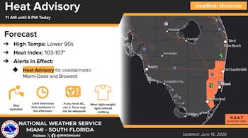 Captura de pantalla: Advertencia de calor del Servicio Meteorológico Nacional para el sur de Florida, mostrando mapa con Miami-Dade y Broward resaltados, pronóstico y consejos