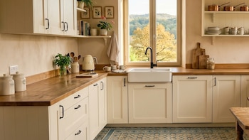 Cocina con gabinetes color crema, encimeras de madera, lavabo, ventana con vista a un paisaje, estantes, mesa y cuatro sillas de madera, suelo de azulejos.