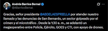 Reacción del concejal Andrés Barrios Bernal por el megaoperativo en Bogotá dirigido por el presidente Abelardo de la Espriella - crédito @ABarriosBernal/X