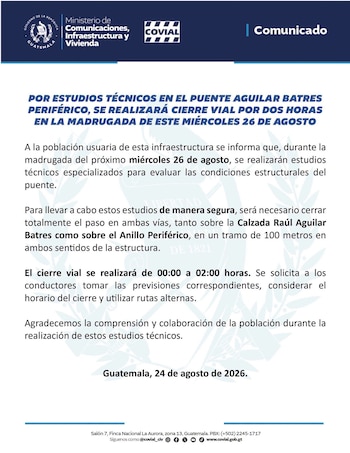Comunicado oficial del Ministerio de Comunicaciones de Guatemala que anuncia el cierre vial temporal del puente Aguilar Batres Periférico