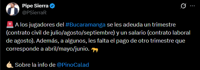 Al parecer, Bucaramanga les debe salario a varios jugadores bajo la figura de un acuerdo trimestral - crédito @PSierraR/X