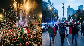 Imagen dividida: izquierda, multitud celebra con banderas mexicanas, confeti y fuegos artificiales frente al Ángel de la Independencia. Derecha, manifestantes marchan con banderas.