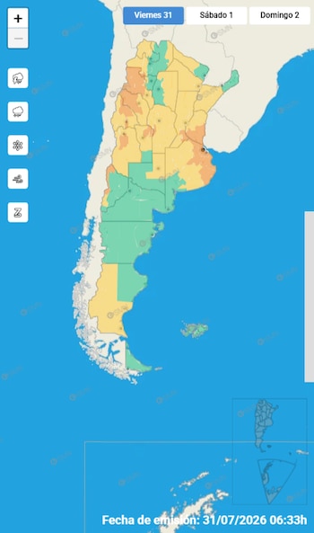 Mapa de Argentina con zonas coloreadas en verde, amarillo y naranja, pestañas de fecha, íconos de lluvia, nieve y viento, y fecha de emisión 31/07/2026
