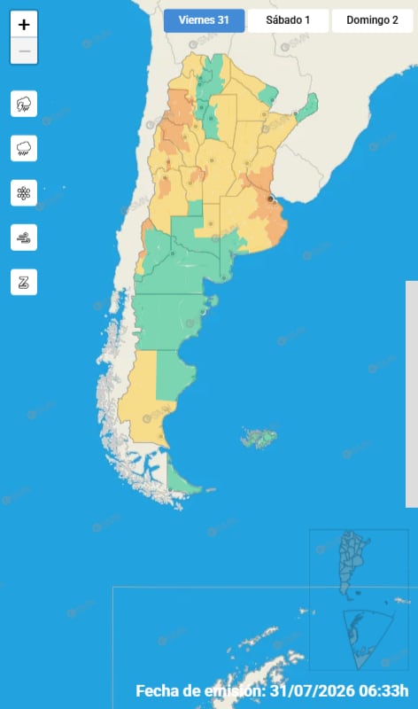 Un mapa de Argentina presenta alertas meteorológicas activas para el 31 de julio de 2026, con zonas marcadas en verde, amarillo y naranja por el Servicio Meteorológico Nacional. (SMN)
