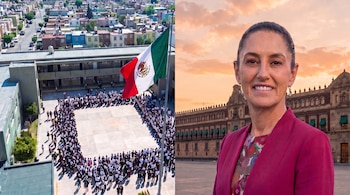 Composición con una vista aérea de un colegio mexicano con alumnos y bandera, y el retrato de Claudia Sheinbaum ante el Palacio Nacional.
