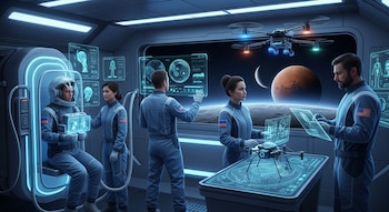 Cuatro astronautas en un interior futurista de estación espacial con monitores holográficos, drones y vistas de un planeta y una luna a través de una ventana.