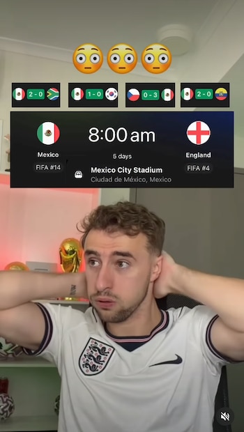 Hombre con camiseta de Inglaterra frente a pantalla con partido México contra Inglaterra, resultados previos, emojis de sorpresa y trofeo dorado