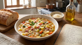 Un tazón de sopa minestrone humeante con patatas, zanahorias, apio, calabacín, frijoles y pasta, espolvoreada con queso y perejil. Un pan y un libro de recetas al lado.