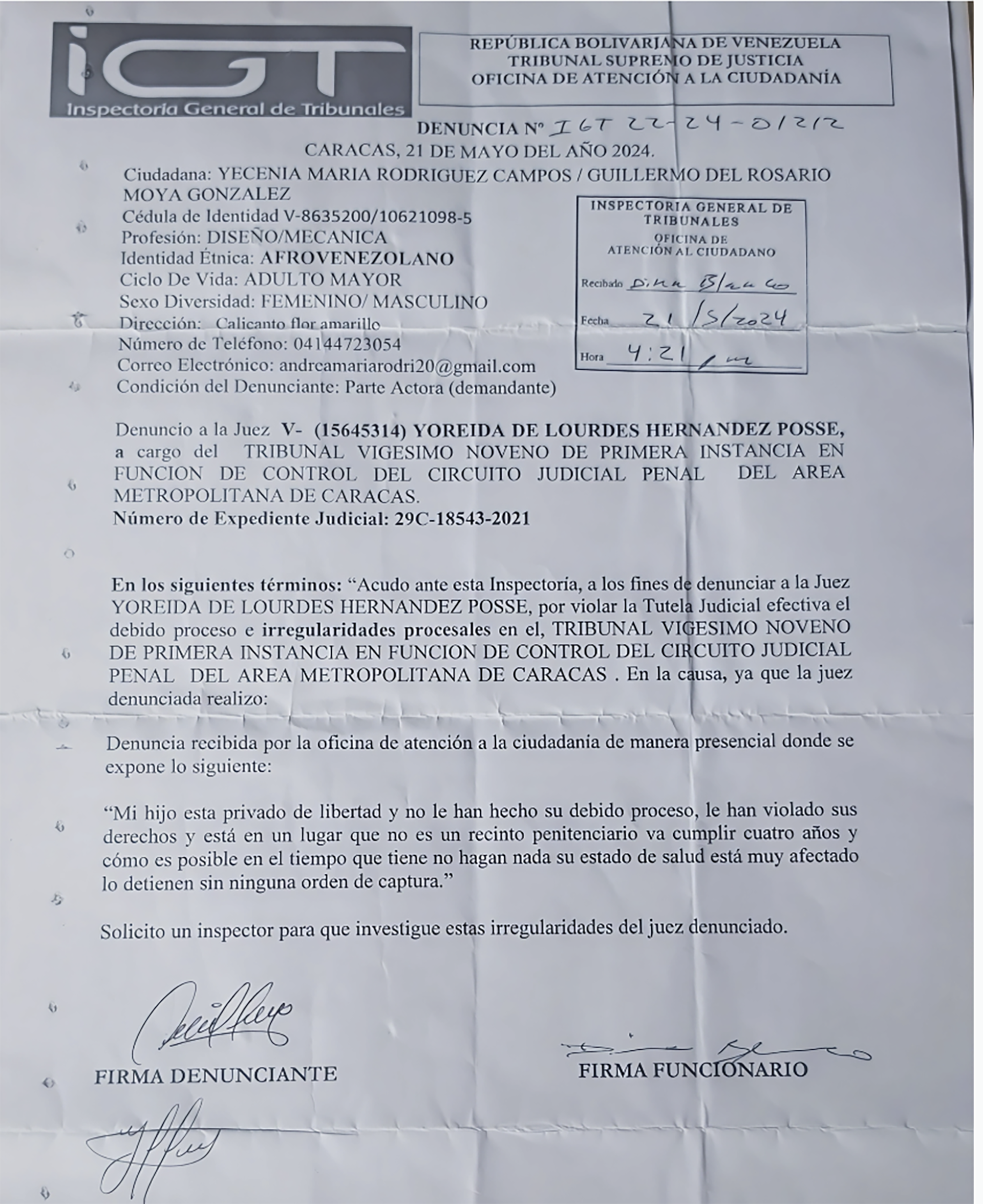 La denuncia que Yecenia María Rodríguez Campos, madre de Juan Cumaná, hizo en la Inspectoría de Tribunales contra la juez Yoreida de Lourdes Hernández Posse