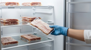 Interior de un refrigerador doméstico blanco con varias filas de paquetes de tocino sellados al vacío; una mano con un guante azul sostiene un paquete de tocino.