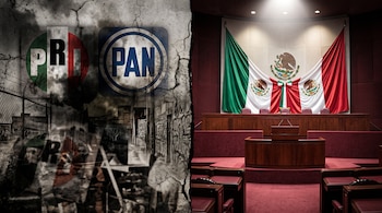 Logotipos del PRI y PAN a la izquierda sobre un fondo urbano oscuro, y un recinto legislativo con la bandera mexicana a la derecha.