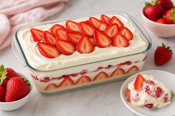 Recipiente de vidrio con postre de crema y capas de fresas, junto a cuencos con fresas enteras y una porción servida.