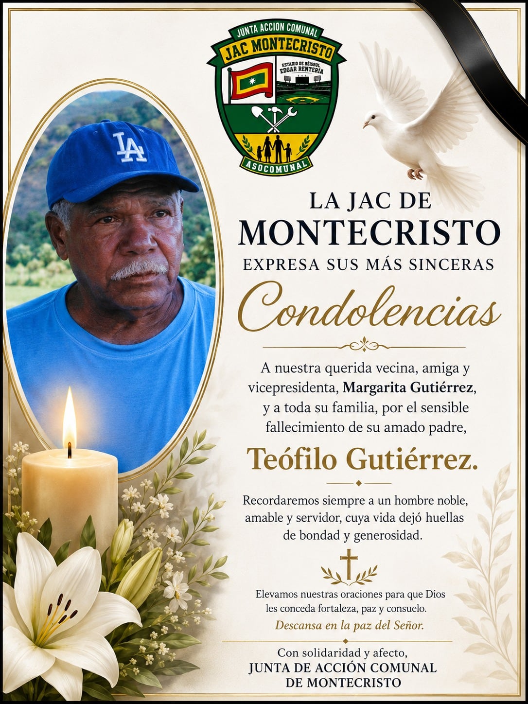 Condolencia de la Junta de Acción Comunal del barrio Montecristo - crédito suministrada por su familia