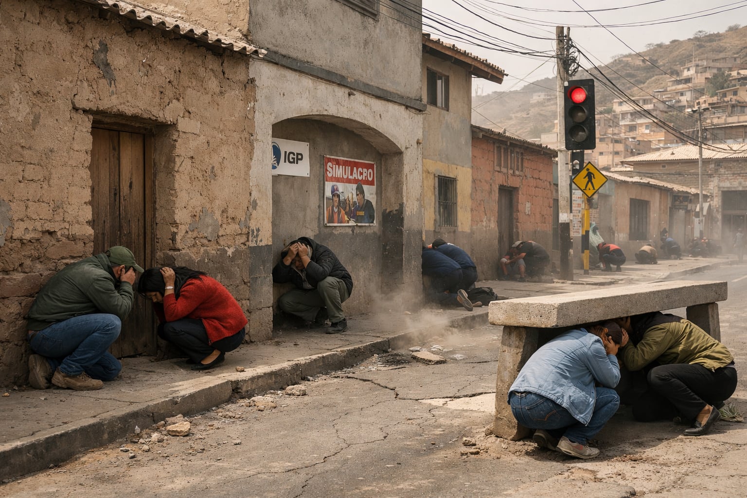 Residentes de una zona urbana en Perú se agachan para protegerse durante un simulacro de sismo, con carteles del IGP y “SIMULACRO” visibles en la pared. (Imagen Ilustrativa Infobae)